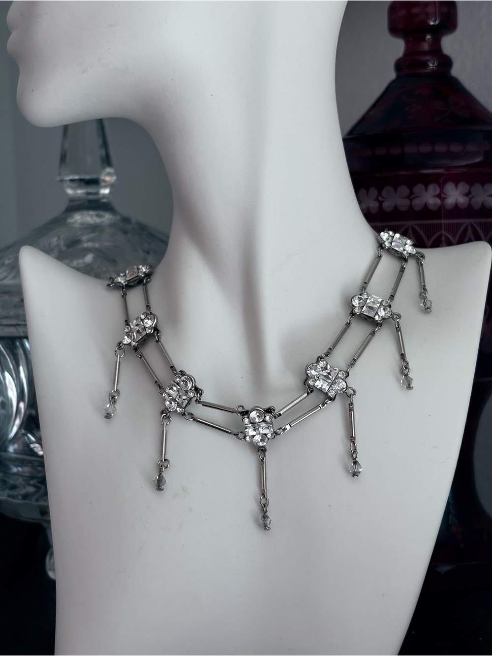 Vintage Rhinestone Statement Necklace Silver Tone Geometric Fringe